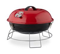 Relaxdays barbecue rond, portable, couvercle, pique nique, grosse surface de cuisson,charbon de bois d.36 cm. rouge