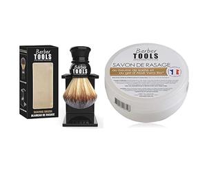 Barber Tools Blaireau de Rasage avec Porte & Savon de rasage 150ml au gel d'Aloé Vera Bio et au Beurre de Karité - Fabriqué en FRANCE ✮ BARBER TOOLS ✮