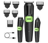 BarberBoss 3-en-1 Kit toilettage pour homme, tondeuse à barbe, tondeuse à cheveux et tondeuse nez, lames de précision, 6 sabots, rechargeable par USB, indicateur LED et format voyage