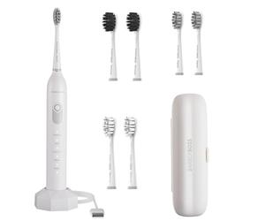 BarberBoss Brosse à dents électrique Sonic - 5 modes de brossage, 6 têtes de brosse, protection de pression, minuterie intelligente et étui de voyage - Blanc