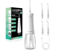 BarberBoss Hydropulseur Advanced, 5 modes de pression et grand réservoir de 340 ml, étanche IPX8, 4 embouts et verrouillage de voyage, hydropulseur pour les dents et les gencives, QR-7104 (blanc)