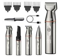 BarberBoss Kit tondeuse à barbe sans fil pour homme, rasoir 5 en 1 avec tondeuse à cheveux, tondeuse nez, recharge USB-C et lames en acier inoxydable, toiletteur corporel