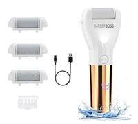 BarberBoss Râpe électrique pour callosités et talons fissurés, épilateur de callosités étanche, appareil de pédicure rechargeable avec 3 embouts de rouleau, appareil de soin des pieds à deux vitesses