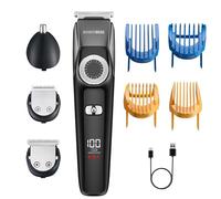 Barberboss Tondeuse barbe et cheveux 3-en-1 pour homme, kit de toilettage sans fil avec tondeuse nez/oreilles, molette de réglage, lames en céramique, étanche et rechargeable par USB