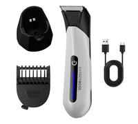 BarberBoss Tondeuse corps homme, tondeuse étanche pour l'aine et les testicules, lame en céramique douce pour la peau, sabot réglable, support de charge USB, rasoir hygiénique pour homme (Blanc)