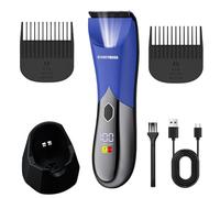 BarberBoss Tondeuse pour hommes, corps et zones intimes, rechargeable, bleue, pour poils pubiens, vitesse turbo, USB-C, écran LED et étanche