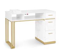 BarberPub manucure avec 3 tiroirs et 2 étagères, clous avec aspiration, terme en bois, studio ongles, or blanc marbre, 57x112x80cm