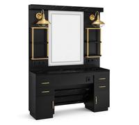 BarberPub Poste de coiffure avec 4 tiroirs, coiffeuse avec miroir, poste de service avec 4 étagères, mobilier de coiffure 3187GBK