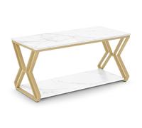 BarberPub Table Basse dorée, Table d'appoint avec 2 tablettes, Table de Salon en Bois, Table de Salon Moderne en métal, Table Basse pour Salon, Salon de beauté, marbre Blanc, 50 x 100 x 48 cm, 2196
