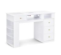 BarberPub Table de manucure avec 4 tiroirs, étagère, 2 tablettes et Plateau en Verre, Table à Ongles avec Aspiration et 2 Sacs aspirateur, Table à Ongles en Bois, 55 x 120 x 80 cm, 2442