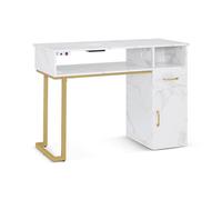 Barberpub Table de manucure avec tiroir et Armoire, Table à Ongles avec Aspiration, 3 Prises, Coiffeuse à Ongles en Bois, Bureau pour Salon de manucure, marbre Blanc Or, 2491