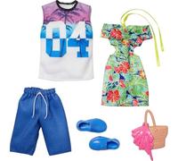 Barbie et Ken Tropical Fashion Pack - HBV72 - Ensemble de 2 Tenues - robe tropicale + sac pour Barbie, maillot + short de bain pour Ken