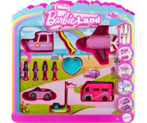 Barbie Assortiment de véhicules Mini-BarbieLand, Coffret de 4 poupées de 3,8 cm et 4 véhicules emblématiques Qui changent de Couleur, JDB85