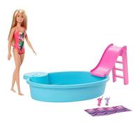 Barbie Mobilier Coffret poupée Blonde en Maillot de Bain et sa Piscine, avec Toboggan, Serviette et Verres de Cocktail, Jouet pour Enfant, GHL91