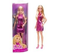 Barbie Barbie fashionistas Poupée atteinte de trisomie 21 avec cheveux blonds, portant une mini-robe rose métallique avec cœur ajouré, un bracelet blanc et des talons, HYT88