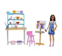 Barbie Bien-être Coffret Atelier d'art créer et se détendre, avec poupée, pâte à Modeler et Accessoires, Jouet pour Enfant, HCM85
