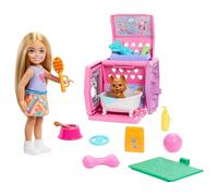 Barbie Chelsea® Coffret Caisse de Transport pour Chiot avec Petite poupée Blonde et Accessoires, Caisse de Transport pour Chien et Accessoires de Jeu pour Chiots, JDF89