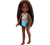 Barbie Chelsea Petite poupée avec maillot de bain rayé et imprimé floral, cheveux bruns et yeux bruns