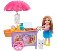 Barbie Chelsea Set de jeu avec poupée et camion-restaurant, poupée de 15 cm, blonde, avec animal et accessoires