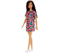 Barbie Chic poupée aux Cheveux Bruns avec Robe Rose à Motifs cœurs et Chaussures Blanches, Jouet pour Enfant, GHW46