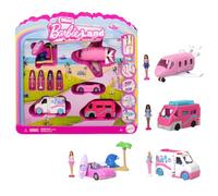 Barbie Coffret 4 Poupées et 4 Véhicules Mini BarbieLand contenant 4 mini-poupées Barbie de 4 cm et 4 véhicules emblématiques avec éléments qui changent de couleur, JGL30