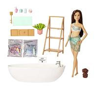 Barbie Coffret Bain Relaxant avec poupée Mannequin Brune, Baignoire, Chiot, Savon Confetti coloré et Accessoires, thème Soin et Bien-être, Jouet Enfant, Dès 3 Ans, HKT93