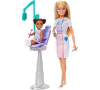 Barbie Coffret Barbie Dentiste avec poupée blonde en robe bleue et blouse blanche, 1 poupée enfant, mobilier médical et accessoires, JCR74