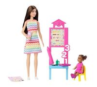 Barbie Coffret Barbie Professeur avec poupée brune portant une robe imprimée, 1 poupée enfant en bas âge et accessoires pour enseigner, JCR76