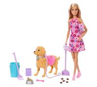 Barbie Coffret Chiot Promenade et Besoins avec chien qui se promène et fait ses besoins, une poupée Barbie “Malibu”, une pelle et des accessoires pour animaux, JJB46