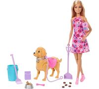 Barbie Coffret Chiot Promenade et Besoins avec Chien Qui se promène et Fait Ses Besoins, Une poupée Malibu”, Une Pelle et des Accessoires pour Animaux, JJB46