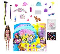Barbie Coffret Color Reveal, Poupée Mannequin Brune, série Tie-Dye Fluo avec 25 Surprises, 1 poupée et 1 Chiot et Changement de Couleur, Accessoires, Jouet Enfant, Dès 3 Ans, HCD28