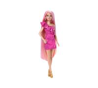 Barbie Poupée Fun & Fancy Hair JDC85, cheveux blonds extra-longs robe rose brillante 10 accessoires