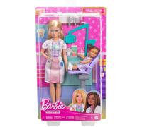 Barbie Coffret Barbie Dentiste avec poupée blonde en robe bleue et blouse blanche, 1 poupée enfant, mobilier médical et accessoires, JCR74