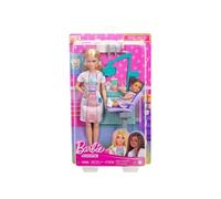 Barbie Coffret Barbie Dentiste avec poupée blonde en robe bleue et blouse blanche, 1 poupée enfant, mobilier médical et accessoires, JCR74
