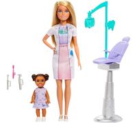 Barbie Coffret Barbie Dentiste avec poupée blonde en robe bleue et blouse blanche, 1 poupée enfant, mobilier médical et accessoires, JCR74