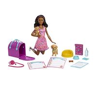 Barbie Coffret Nouvelle Adoption – Poupée brune, 2 chiots, tapis de propreté, +10 accessoires