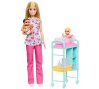 Barbie – Coffret Pédiatre JMK12 – Poupée blonde en blouse, 2 bébés, table d'examen et accessoires