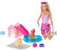 Barbie Coffret Piscine des Chiots avec poupée, Niche, Toboggan, Piscine en Forme de cœur, 2 Figurines Chiots, 6 Accessoires et Changement de Couleur, JBF35