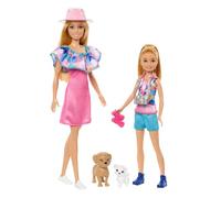Barbie Coffret Poupée avec Petite Soeur Stacie Et 2 Chiots, Vêtements Et Accessoires Été, Cheveux Blonds Et Yeux Bleux, Jouet Enfant, A Partir De 3 Ans, HRM09
