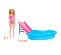 Barbie Coffret Poupée Blonde avec Maillot De Bain Rose Tropical, Piscine, Toboggan, Serviette Et Boissons, À Collectionner, Jouet Enfant, A Partir De 3 Ans, HRJ74