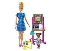 Barbie Coffret Poupée Maîtresse D’école avec Poupée Enfant, Tableau Chevalet, Ordinateur Portable, Sac À Dos, Bureau D’écolier, Tortue De Compagnie, Jouet Enfant, Dès 3 Ans, HCN19