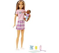 Barbie Coffret Poupée Skipper Baby-Sitter Brune, Avec Figurine De Bébé Et 5 Accessoires