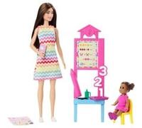Barbie Coffret Barbie Professeur avec poupée brune portant une robe imprimée, 1 poupée enfant en bas âge et accessoires pour enseigner, JCR76