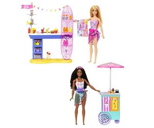 Barbie Coffret Promenade en Bord De Mer avec 2 Poupées Brooklyn Et Malibu, Chiot, Stand De Nourriture, Kiosque Et Plus De 30 Accessoires, Jouet Enfant, A Partir De 3 Ans, HNK99