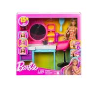 Barbie Coffret Salon De Coiffure Ultra Chevelure, Poupée Cheveux Qui Changent De Couleur, Robe Pied-De-Poule Et 15 Accessoires De Coiffure, Jouet Enfant, Dès 3 Ans, HKV00