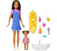 Barbie Coffret Skipper Baby-Sitter, avec poupée brune, poupée d’enfant brune, baignoire et 6 accessoires dont un canard en plastique, JJB43