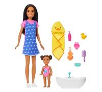 Barbie Coffret Skipper Baby-Sitter, avec poupée brune, poupée d’enfant brune, baignoire et 6 accessoires dont un canard en plastique, JJB43