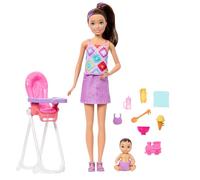 Barbie Coffret Skipper Baby-Sitter, avec poupée brune, poupée d’enfant brune, chaise haute et 8 accessoires dont de la nourriture, JJB44