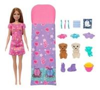 Barbie Soirée Pyjama Chiots Coffret avec poupée, 2 figurines de chiots et plus de 10 accessoires, changement de couleur, sac de couchage, masques pour les yeux et plus encore, HXN01