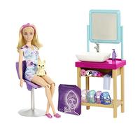 Barbie - Coffret Spa et Masques Paillettes - Poupée et Chiot, Masques, Lavabo, Fauteuil et Miroir - 15 Accessoires Bien-Être - Cadeau dès 3 Ans, HCM82